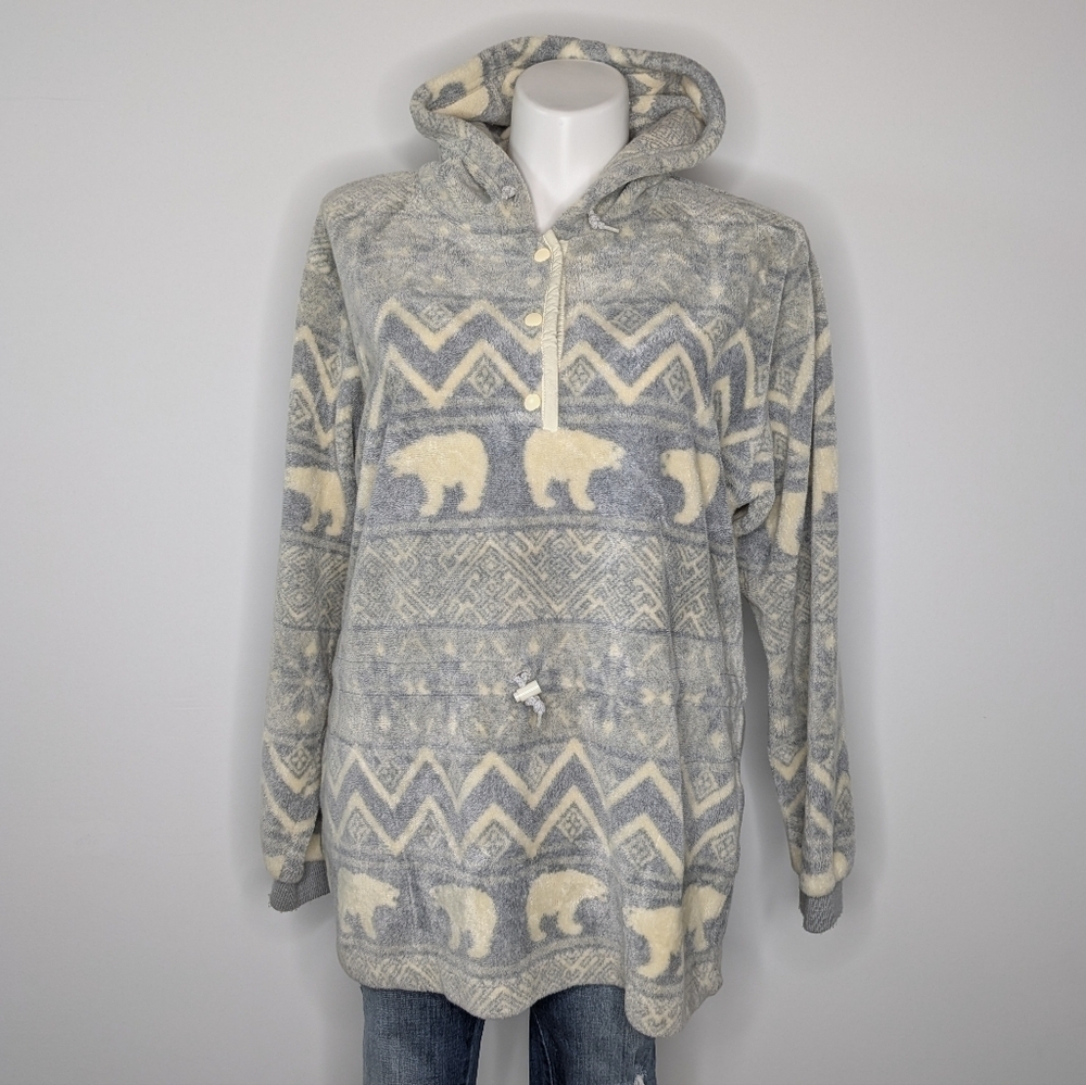 Vintage Sunbuster grey cream polar hooded bear winter pullover sweater jacket XL
